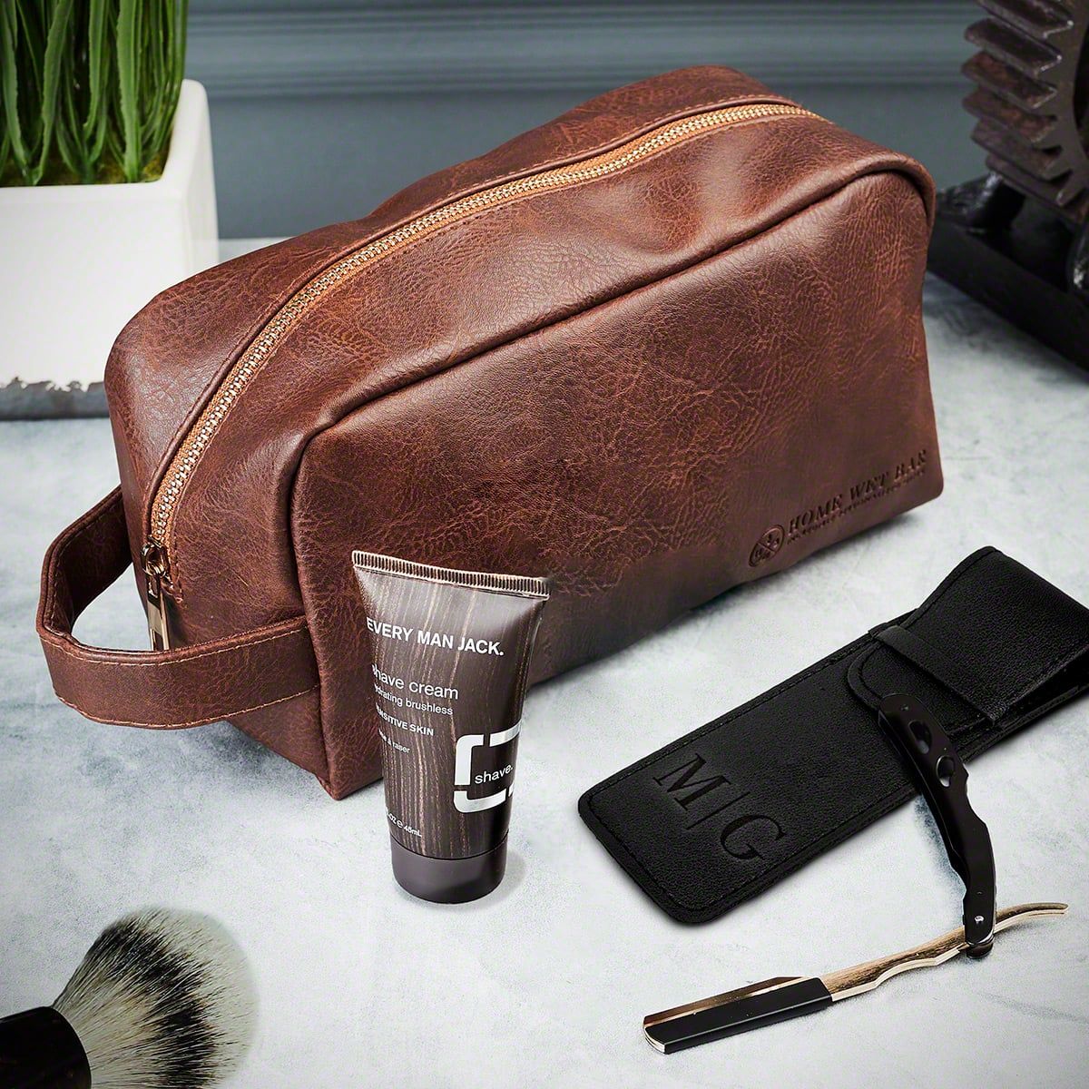 Hayden Mens Toiletry Bag with Personalized Straight Razor Shaving Kit - Dopp Kit