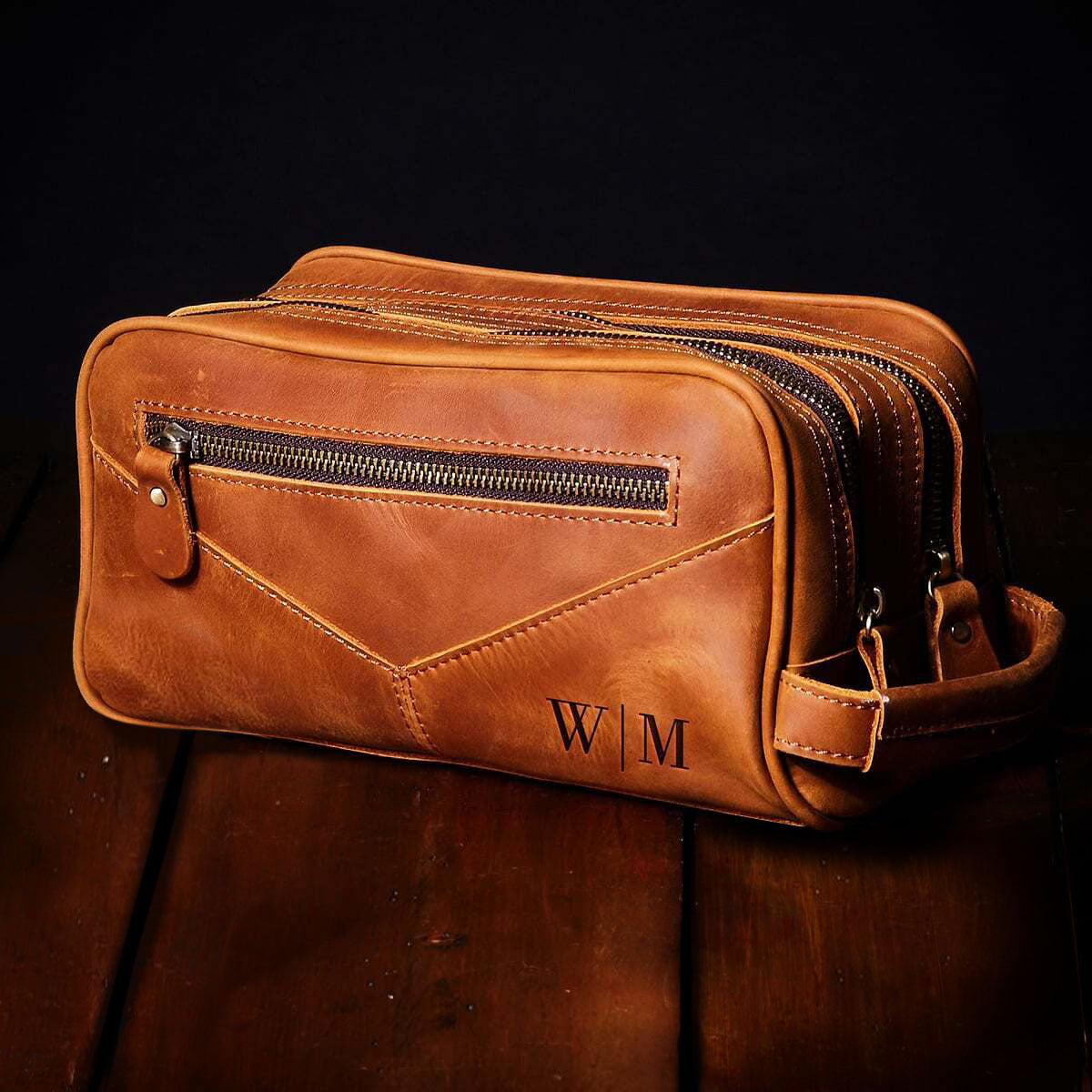 Beckham Mens Toiletry Bag - Monogrammed Brown Saddle Leather Multi-Pocket Dopp Kit