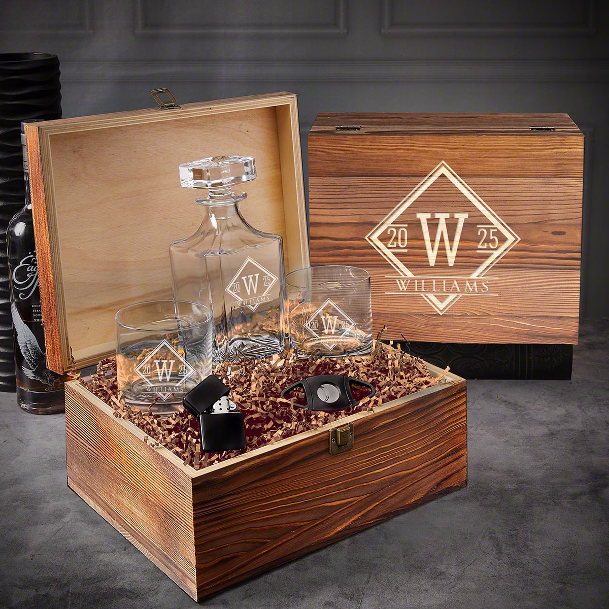 Oxley Cigar Gift Set 6pc - Custom Cigar Glasses and Whiskey Decanter in Wood Box
