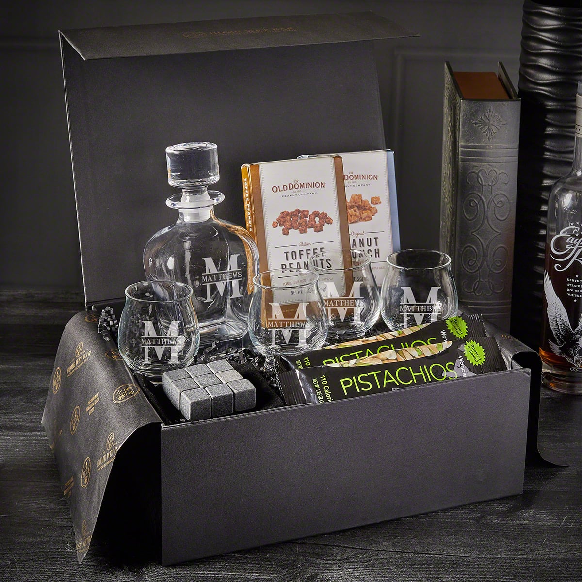 Engraved Kentucky Bourbon Glasses & Snacks with Luxury Box Set - 11pc 
