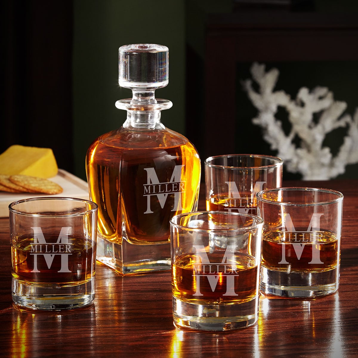 Draper Custom Whiskey Decanter Set with 4 Rocks Glasses