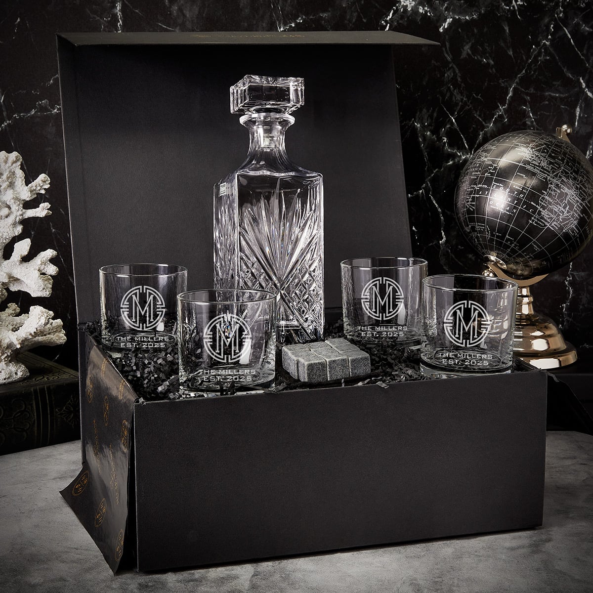 Dublin Crystal Bourbon Decanter Set with Custom Rocks Glasses - 7pc