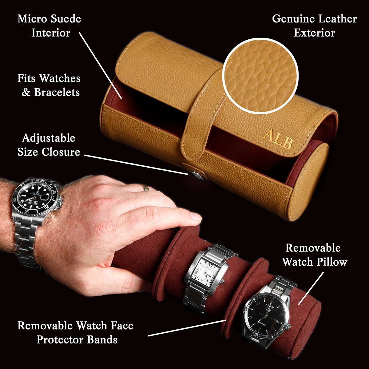 Durham Custom Leather Watch Roll for Travel, British Tan