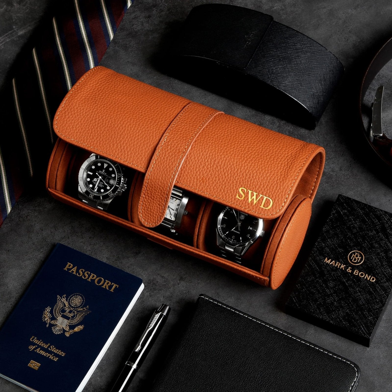 Durham Custom Leather Watch Roll for Travel, Camel