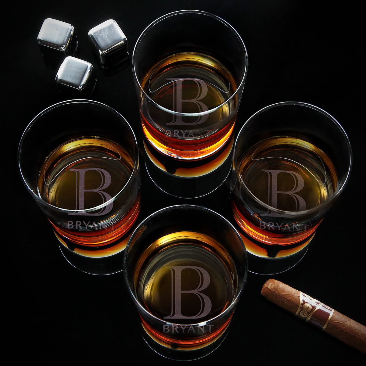 Custom Whiskey Glasses, Set of 4, with Bottom Engraving