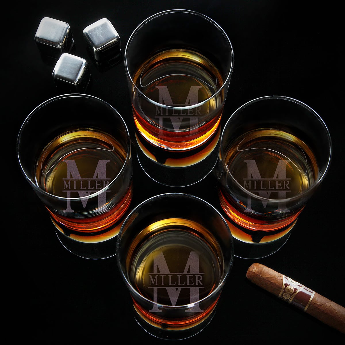 Custom Whiskey Glasses, Set of 4, with Bottom Engraving