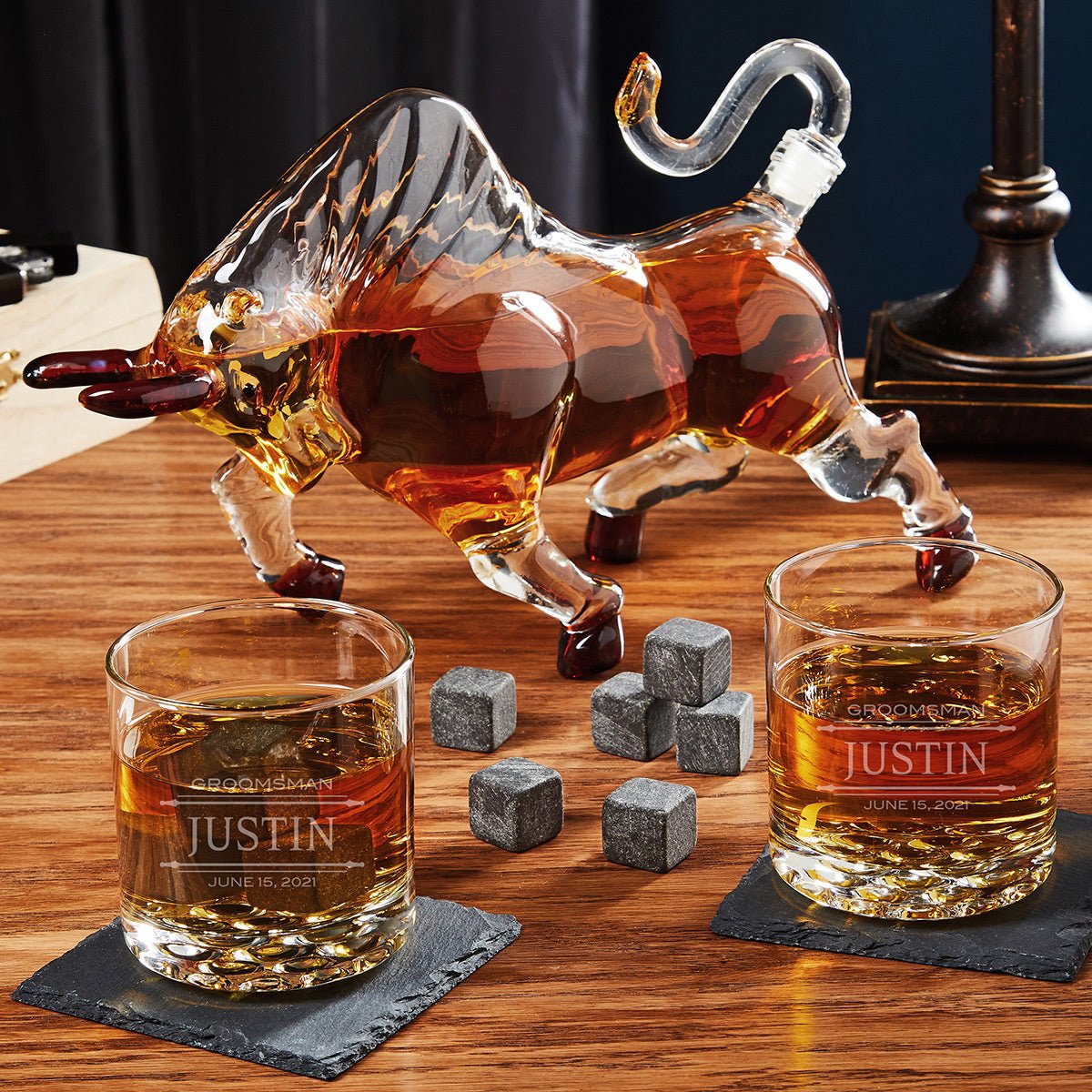 El Matador Bull Whiskey Decanter Set With Custom Buckman Glasses