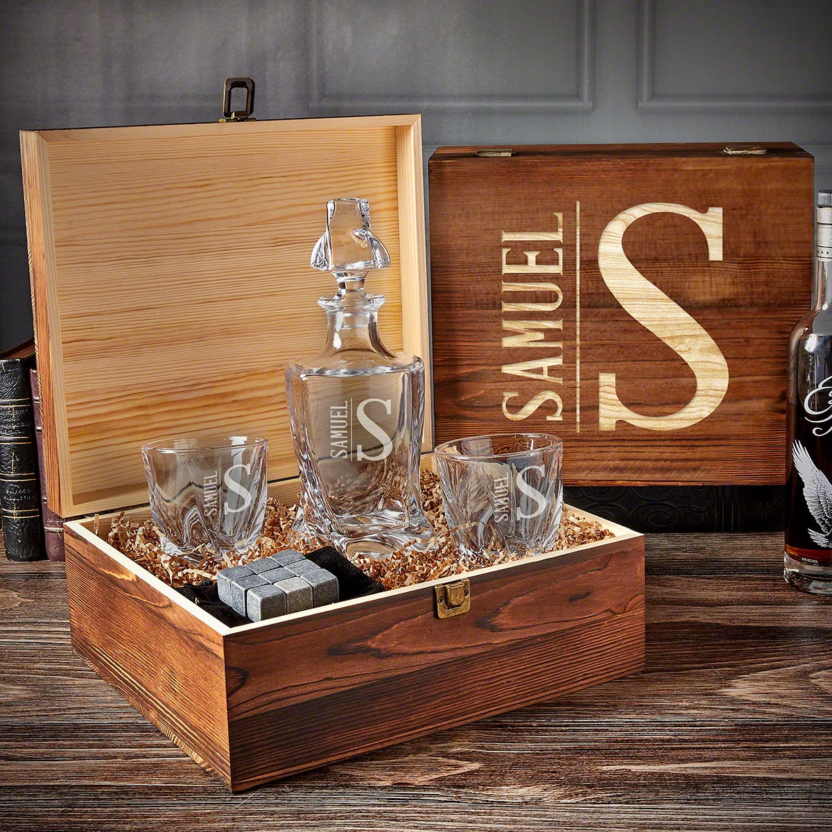 Engraved Vicente Twist Whiskey Decanter Set with Glasses - 5pc Gift Boxed