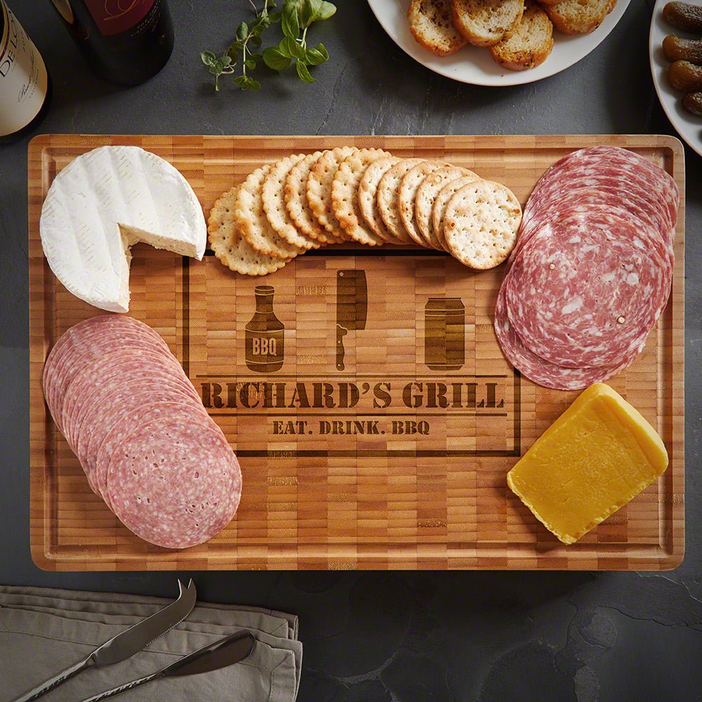 End Grain Engraved Bamboo Cutting Board - BBQ And Beer (2in thick)