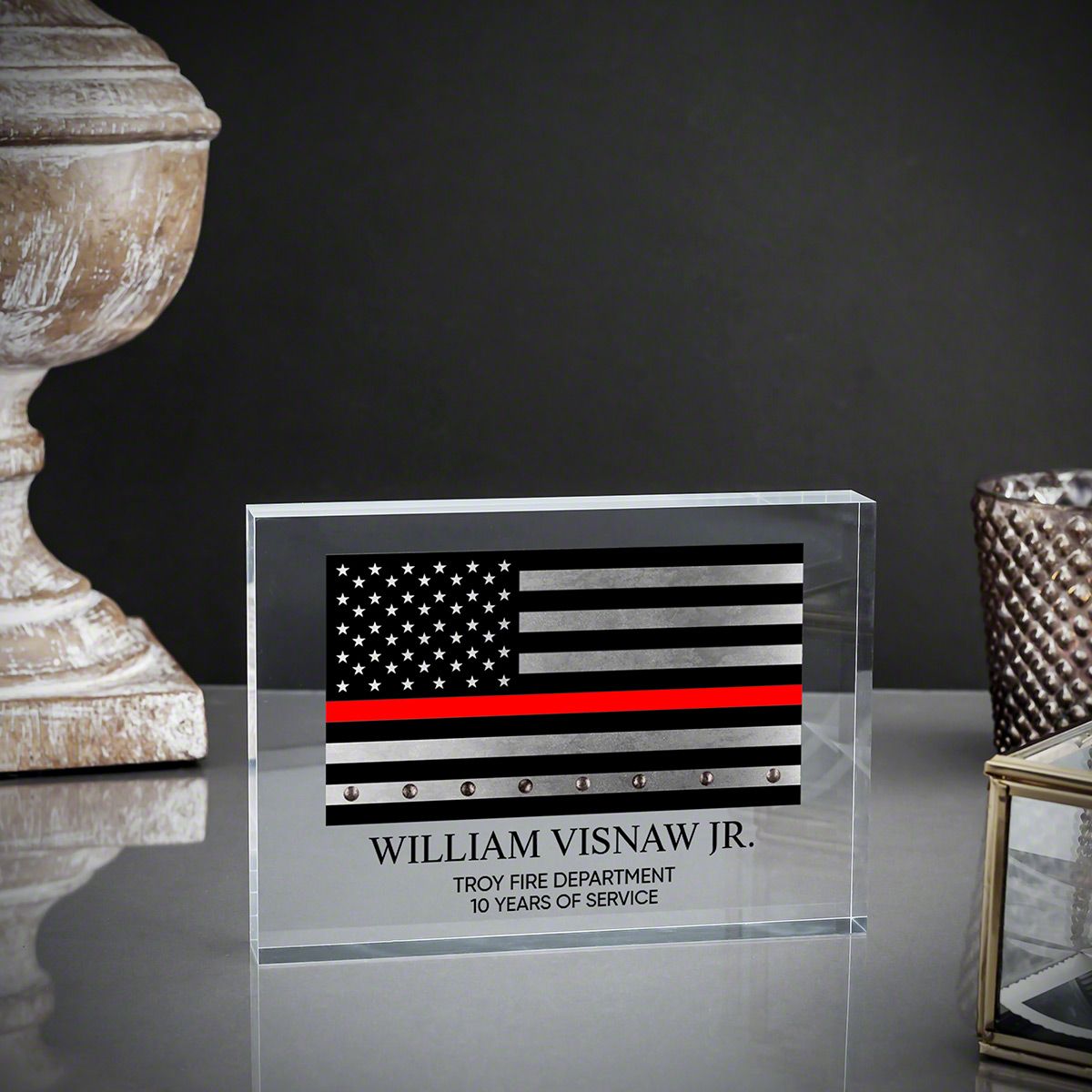 Engraved Retirement Acrylic Block Firefighter Gift - Thin Red Line