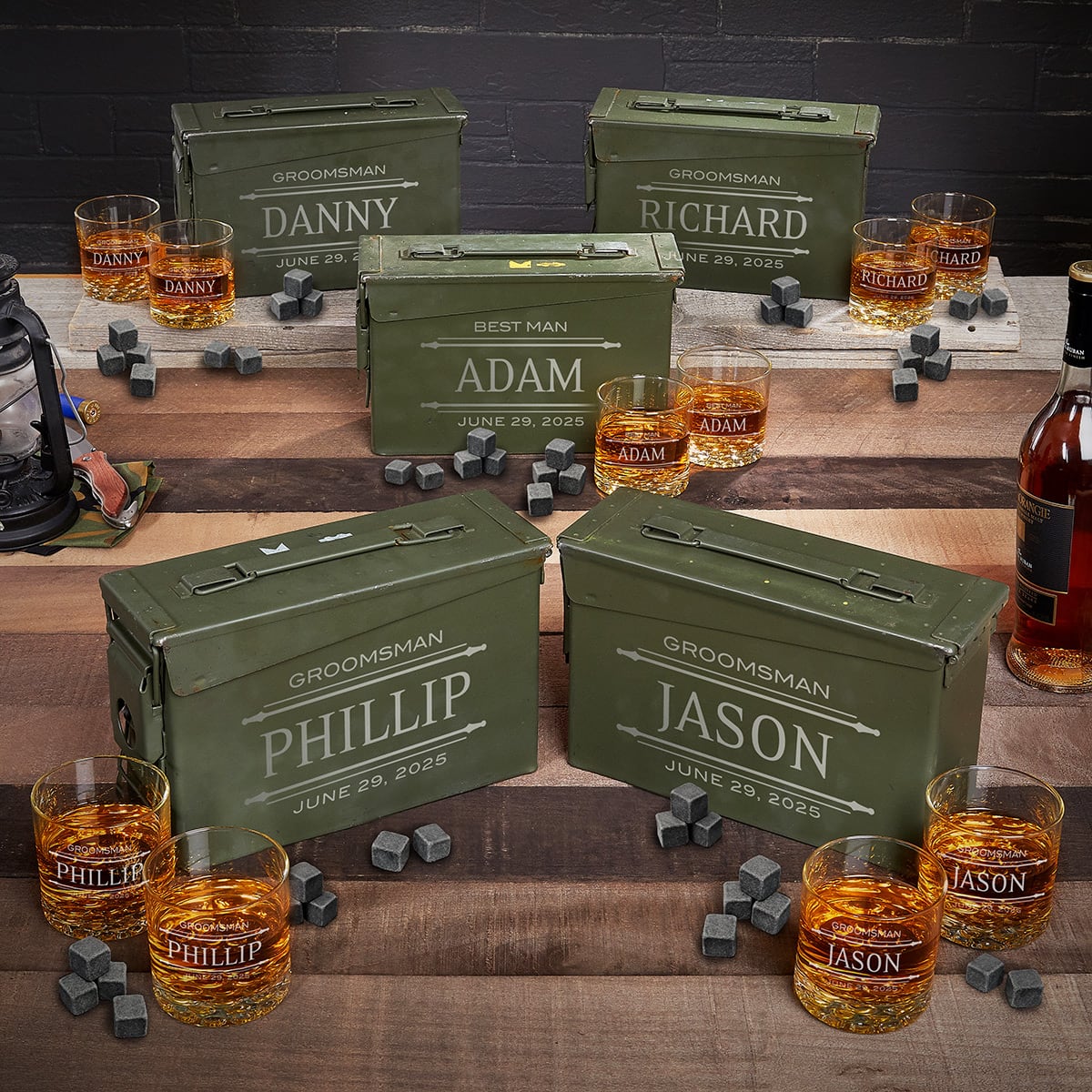 Engraved Ammo Box Non - Traditional Groomsmen Gifts - Set of 5 Whiskey Gifts with Glasses