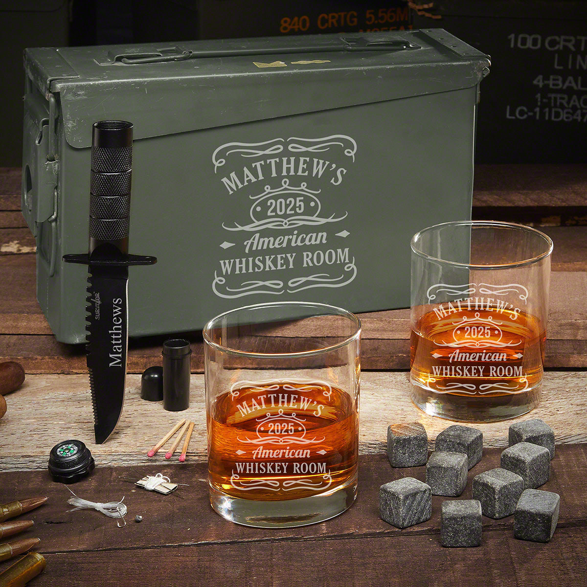 Engraved 30 Cal Ammo Can Whiskey Gift Set - 5pc Tennessee Whiskey Design
