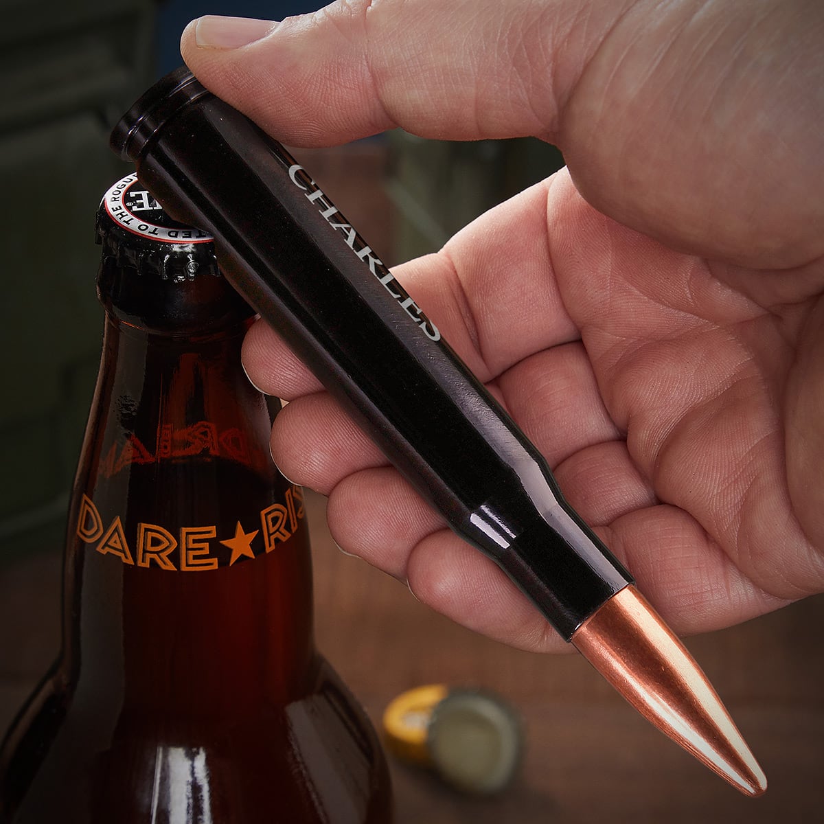 Engraved 50 cal Bullet Bottle Opener Black - Single