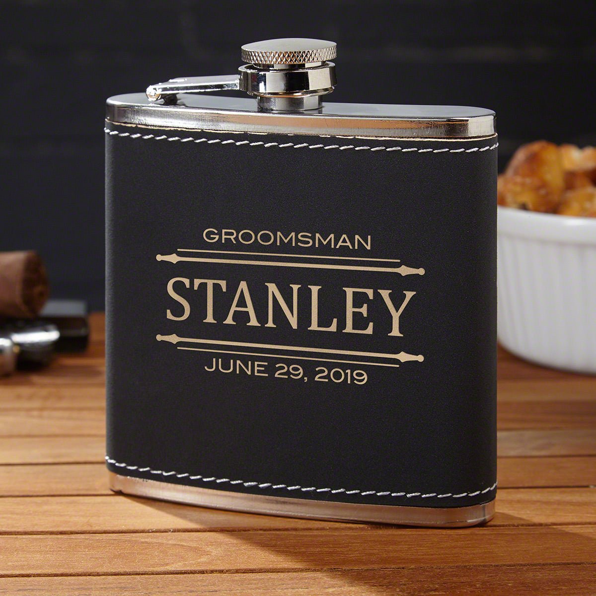 Engraved Black Hip Flask Groomsmen Gift