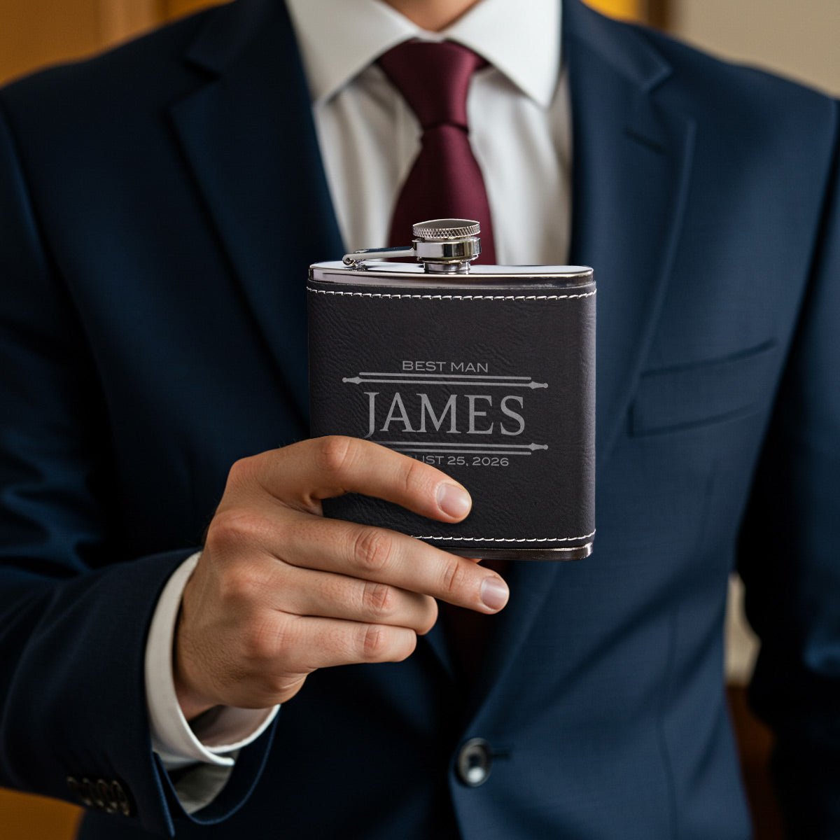 Engraved Black Hip Flask Groomsmen Gift