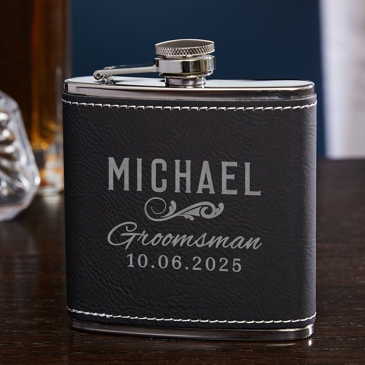 Engraved Black Hip Flask Groomsmen Gift