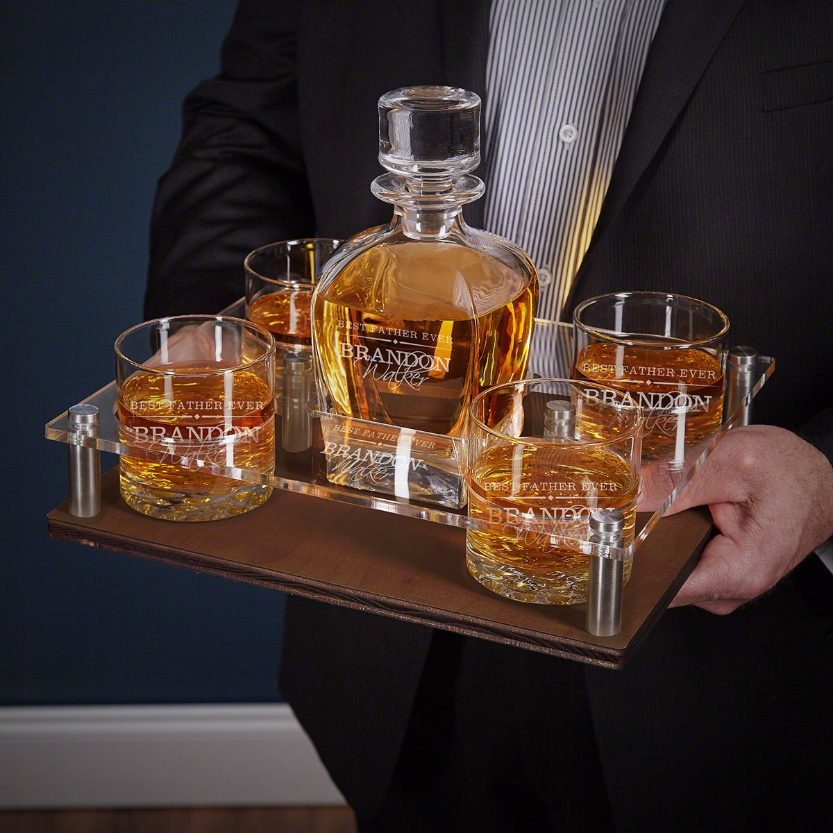 Engraved Bourbon Decanter Presentation with Glasses Set - Walnut Bar Serving Tray & Display Set