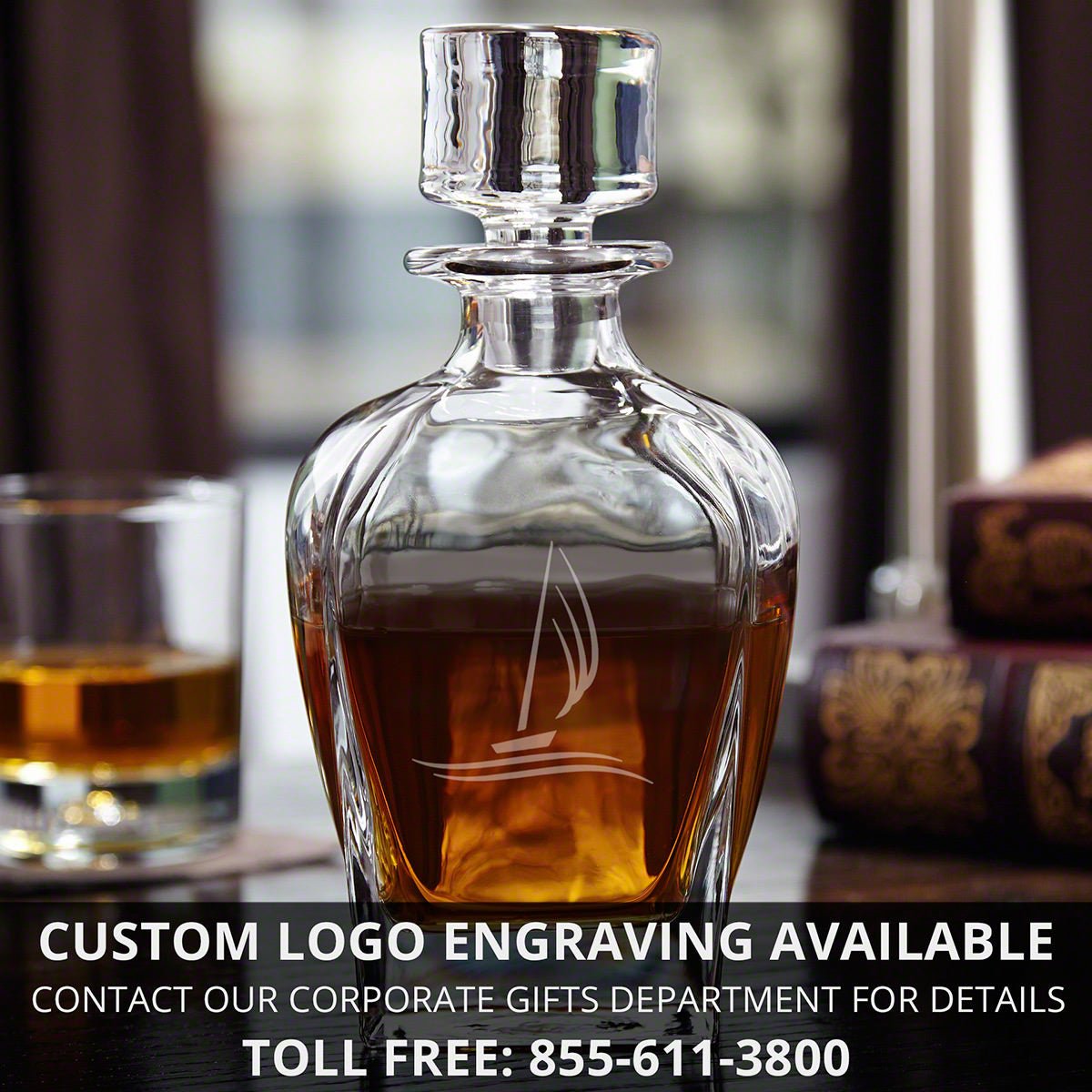 Engraved Bourbon Decanter Presentation with Glasses Set - Walnut Bar Serving Tray & Display Set