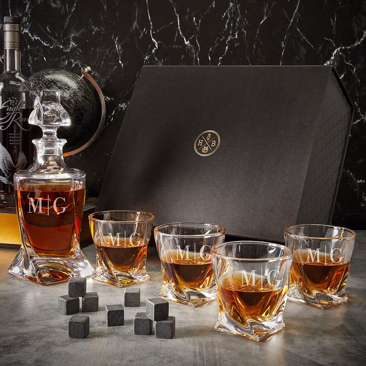 Engraved Bourbon Decanter with Rocks Glasses & Luxury Box Gift Set - 7pc 