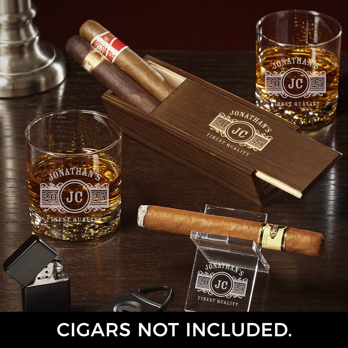 Engraved Cigar Box Set with Buckman Glasses