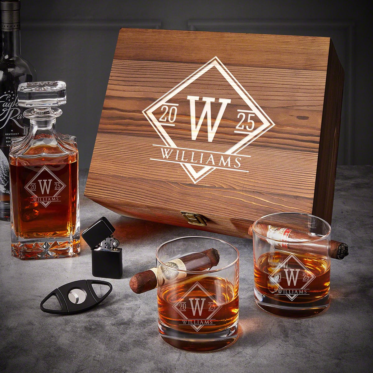 Oxley Cigar Gift Set 6pc - Custom Cigar Glasses and Whiskey Decanter in Wood Box