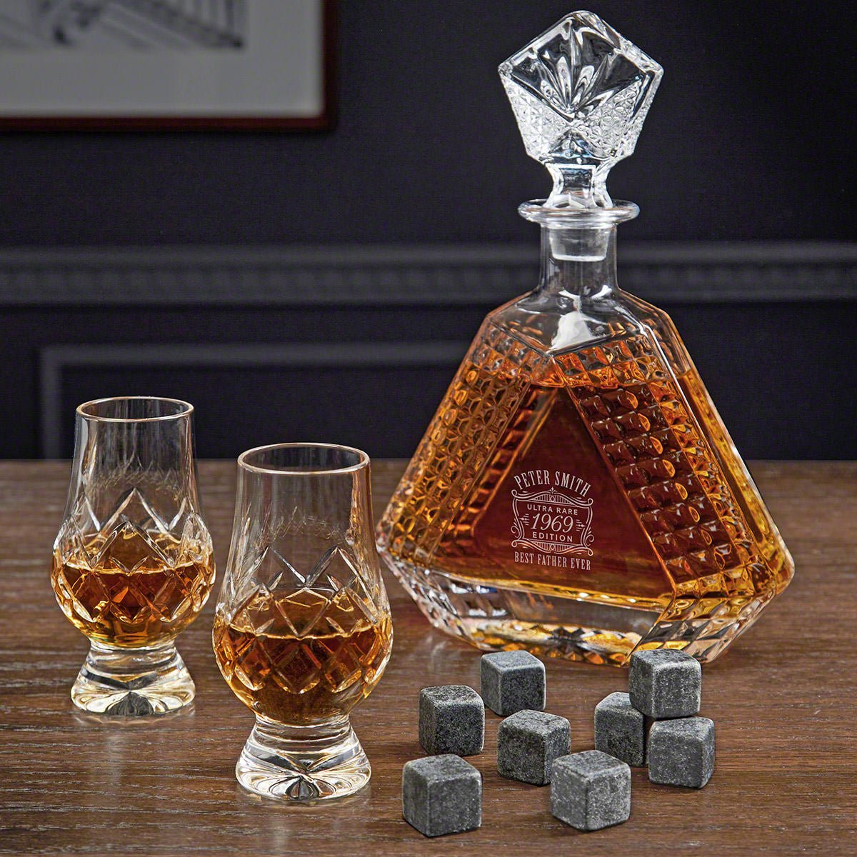 Engraved Devonshire Crystal Decanter and Cut Crystal Glencairn Set