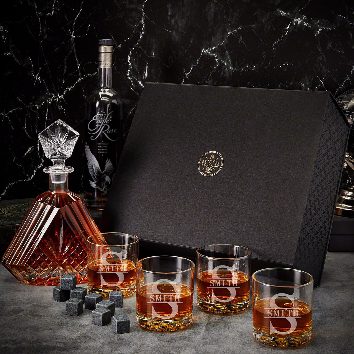 Dublin Triangle Whiskey Decanter Set with Custom Rocks Glasses - 7pc 