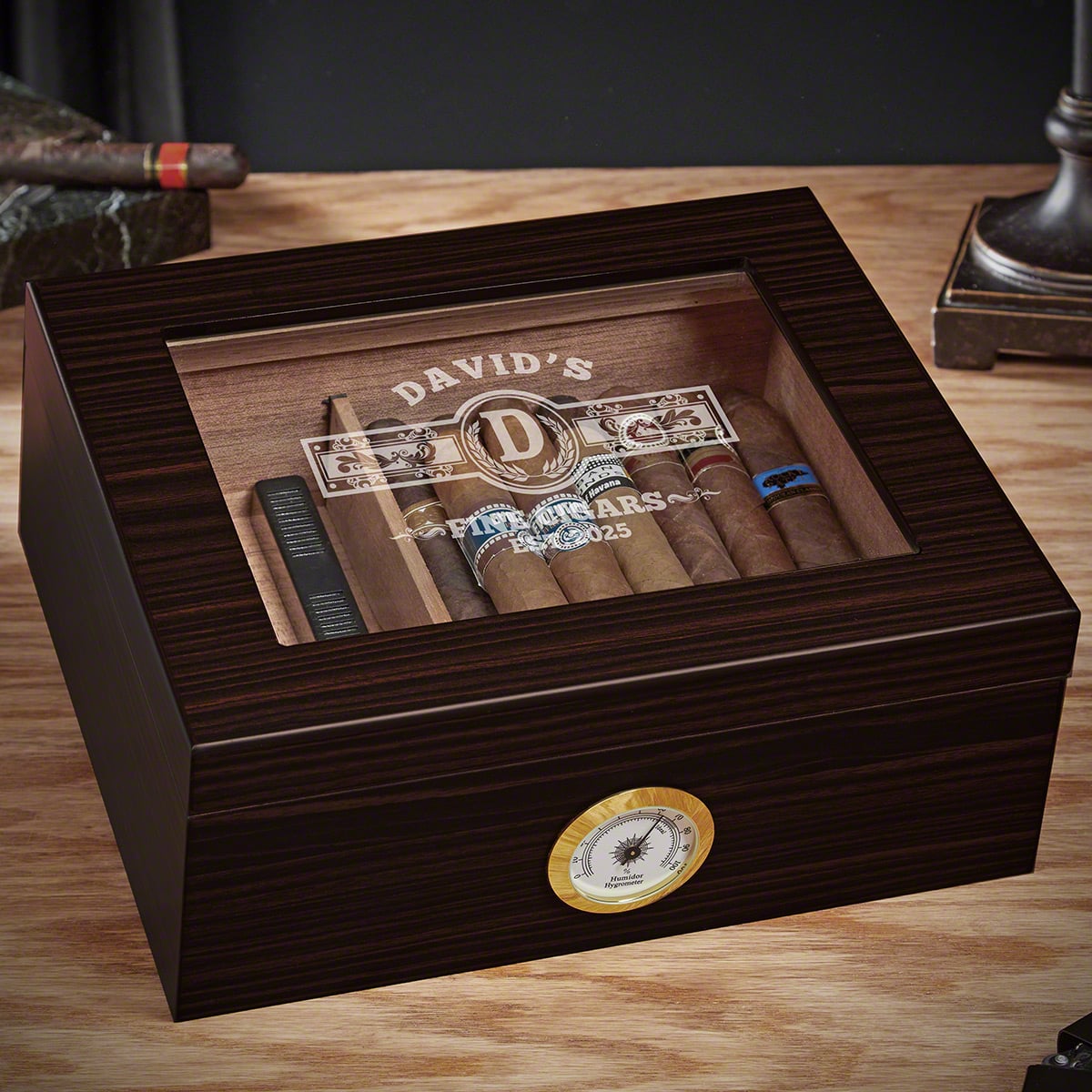 Cigar Aficionado Custom Wood Cigar Humidor with Hygrometer - Espresso Brown Cedar Lined