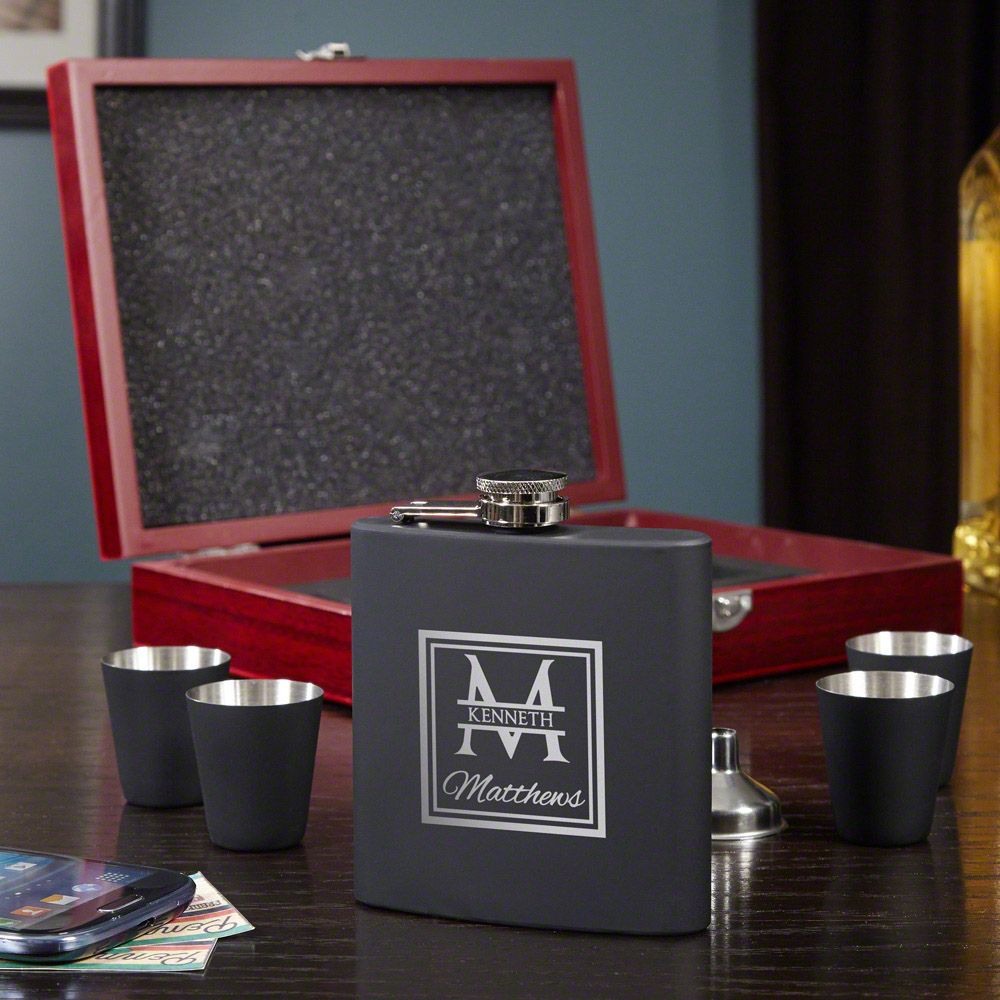 Engraved Flask Set with Shot Glasses