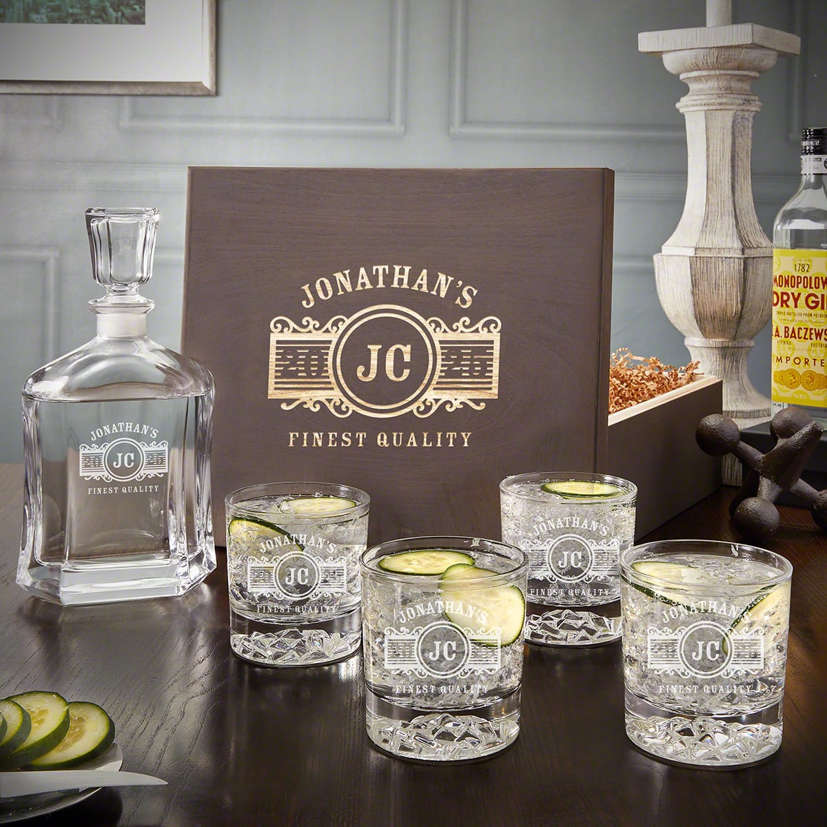 Engraved Gin Gift Set - Glacier Bottom Cocktail Glasses, Gin Decanter & Walnut Box - 6pc