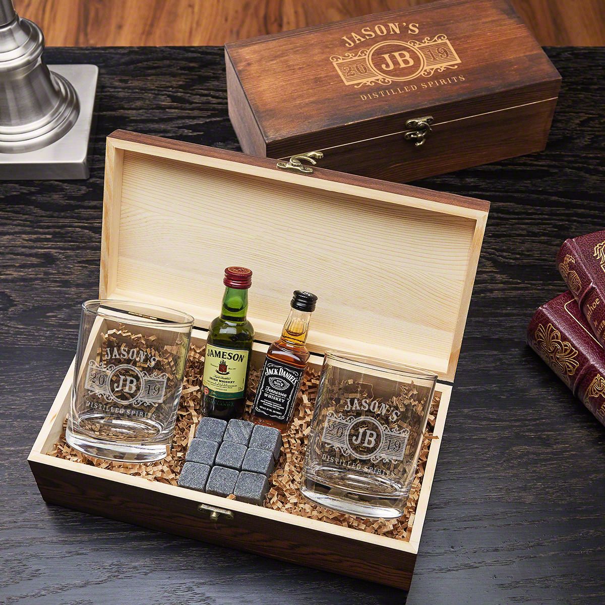 Bold Adventures Marquee Personalized Masculine Gift Set - Whiskey Lover Gift, Etched Ammo Can, Engraved Whiskey Glasses, authentic Whiskey Stones Set