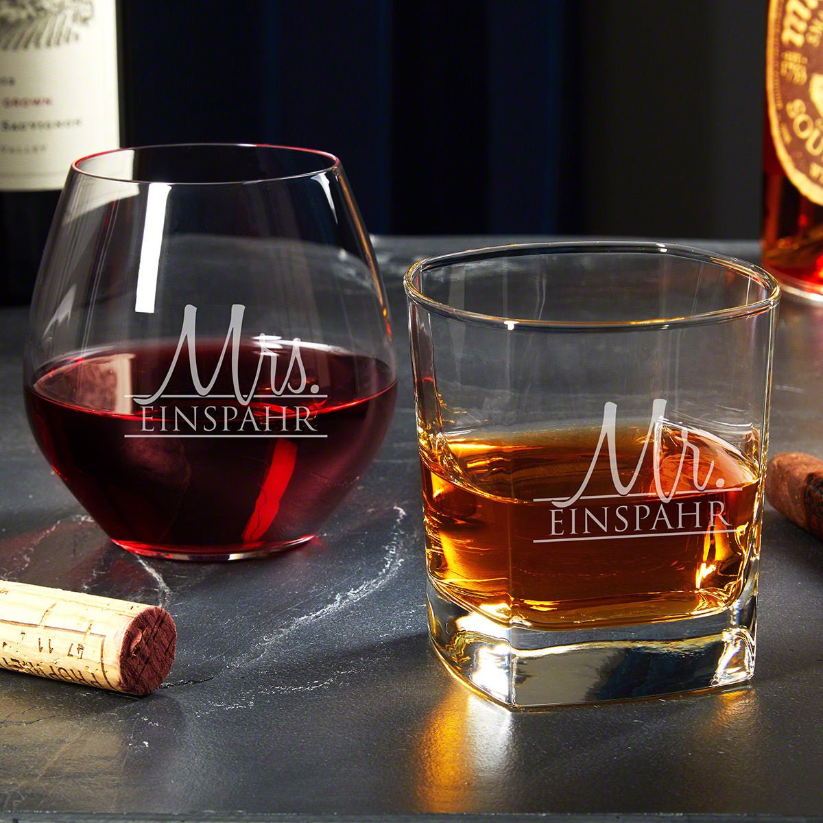 Engraved His and Her Gifts Whiskey & Wine Glass Set - Wedded Bliss