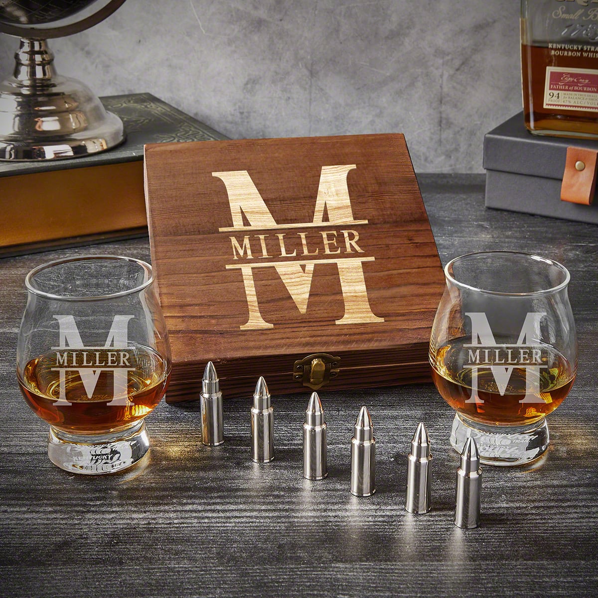Engraved Kentucky Bourbon Glasses with Bullet Stones Set 