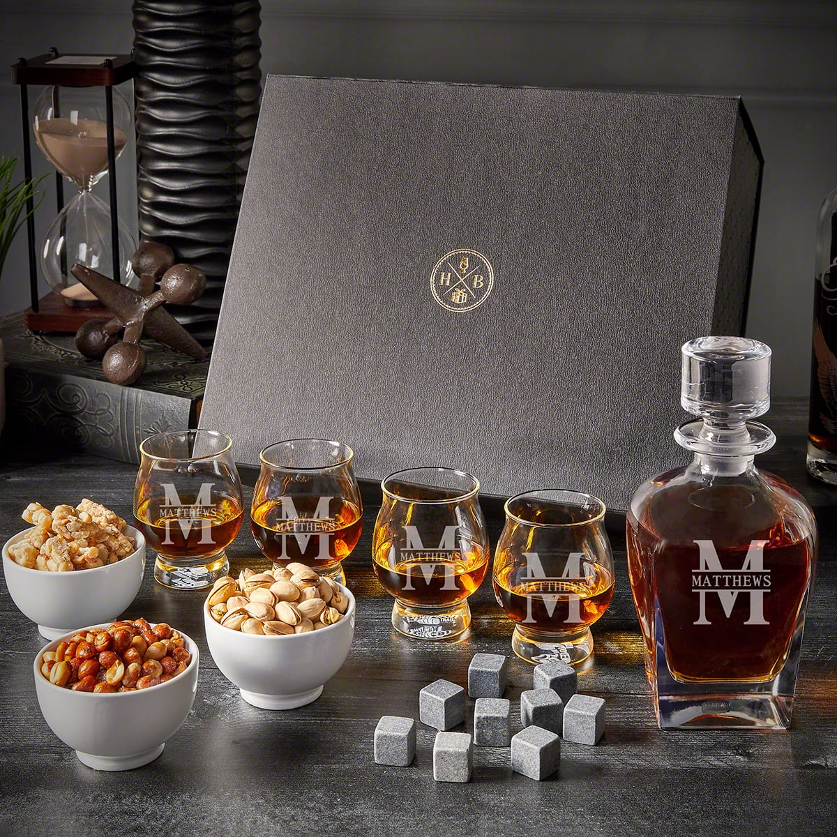 Engraved Kentucky Bourbon Glasses & Snacks with Luxury Box Set - 11pc 