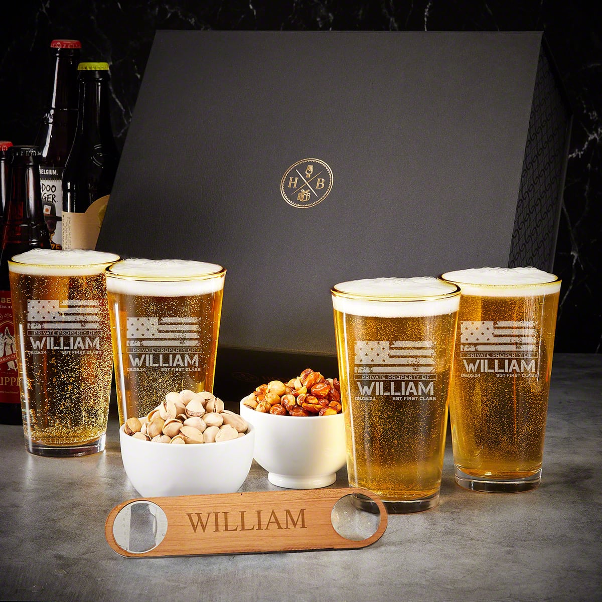 Engraved Military Gift Gold Rim Pint Glass Set with Luxury Box & Snacks - 9pc American Heroes