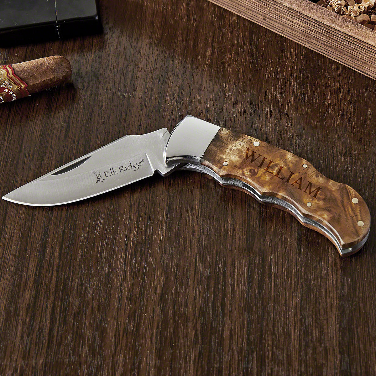Engraved Pocket Knife with Burl Wood Handle