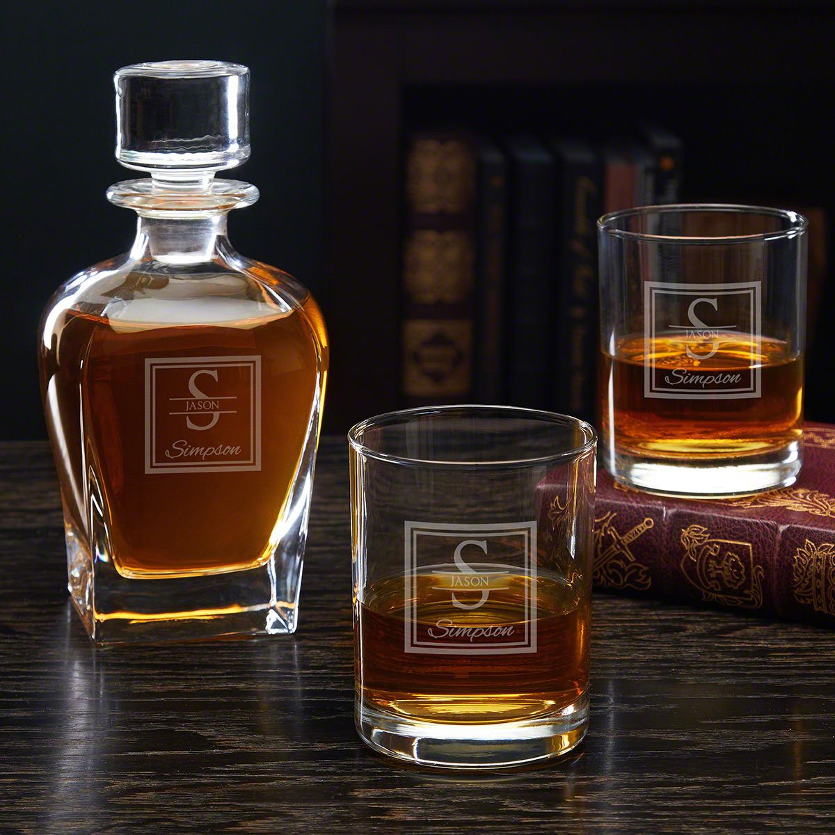 Engraved Presentation Set with Whiskey Decanter & Glasses - 6pc Bar Serving Tray & Display Set