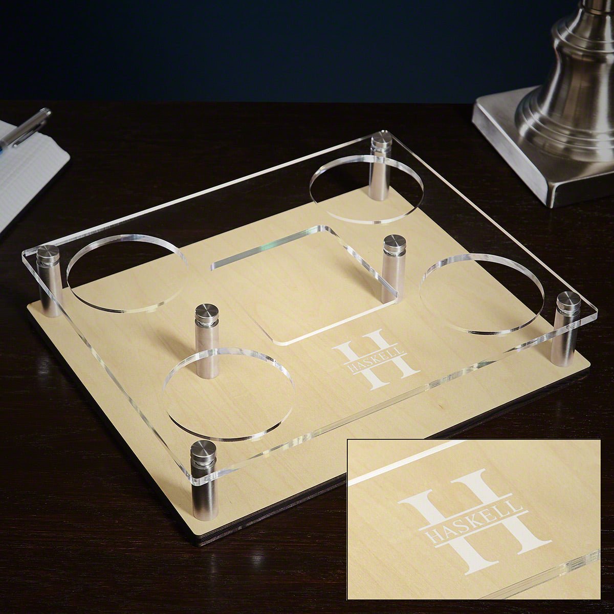 Engraved Presentation Set with Whiskey Decanter & Glasses - 6pc Bar Serving Tray & Display Set