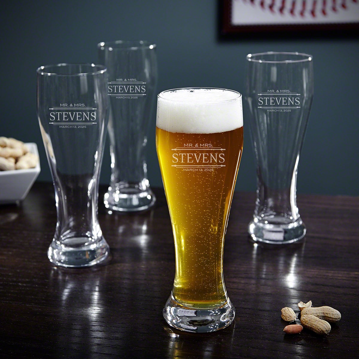 Engraved Tall Pilsner Beer Glass Set of 4