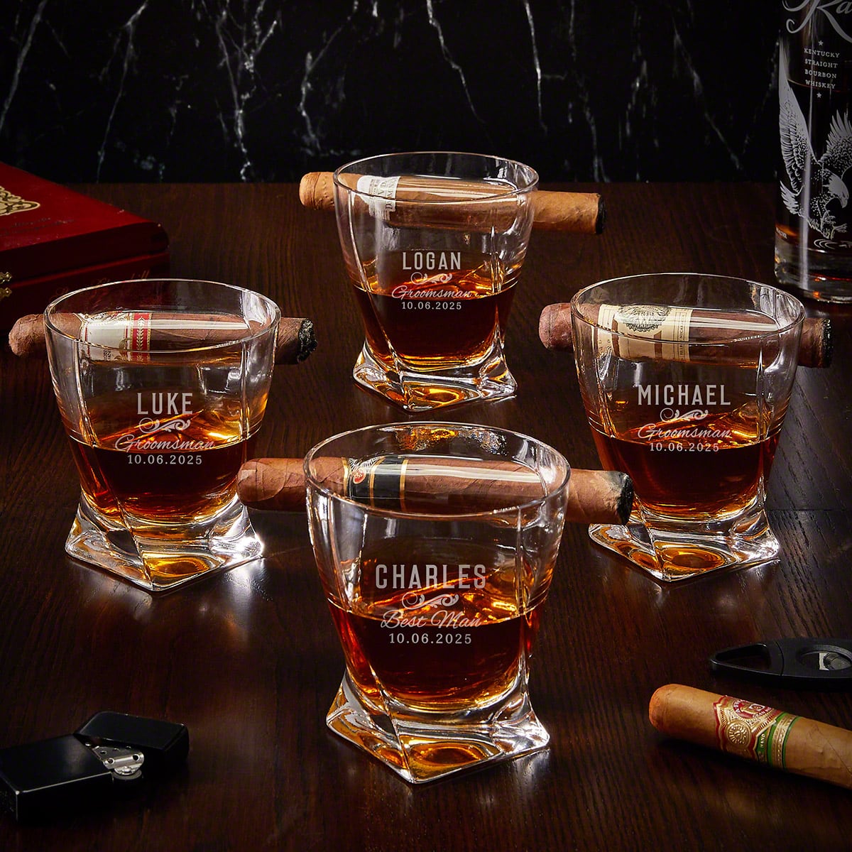 Engraved Twist Cigar Glasses - Set of 4 Whiskey Glasses