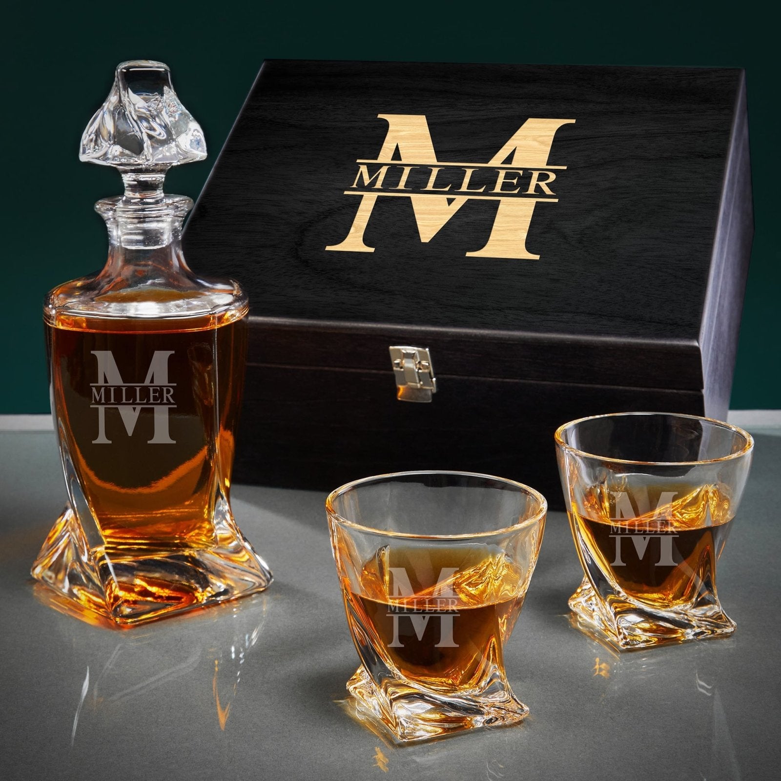 Engraved Vicente Crystal Whiskey Decanter Set with Twist Glasses - Ebony Black Box