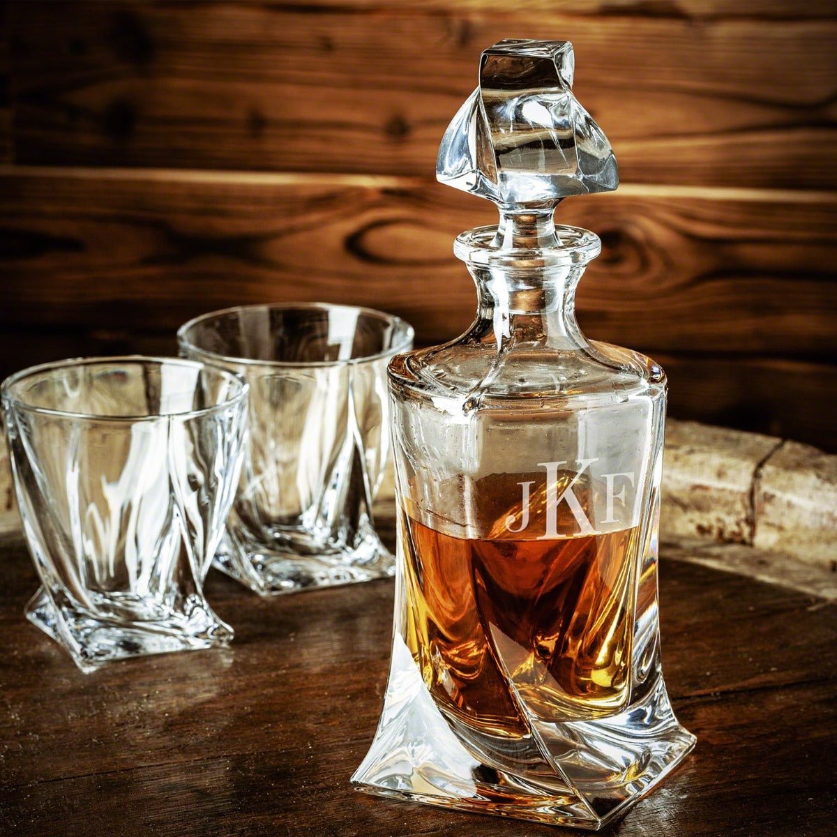 Engraved Vicente Crystal Whiskey Decanter Set with Twist Glasses - Ebony Black Box