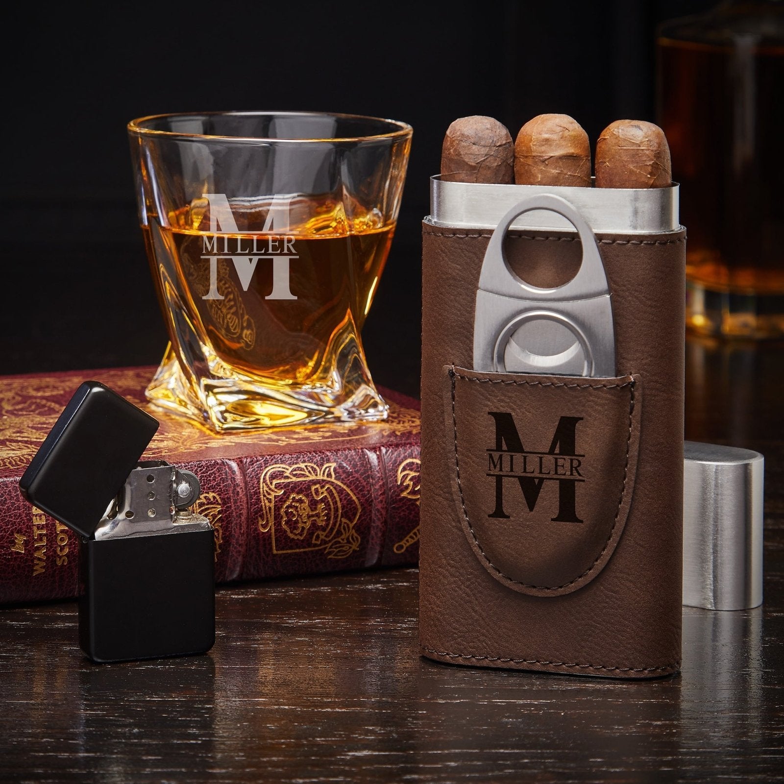 Engraved Whiskey and Cigar Gift Set with Twist Glass