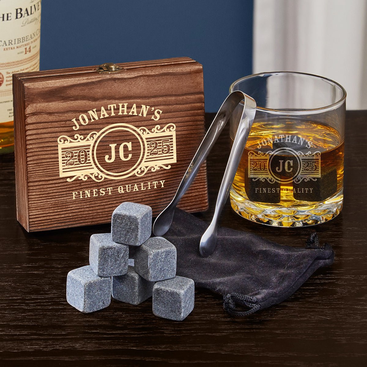 Engraved Whiskey Chilling Stones and Rocks Glass Set