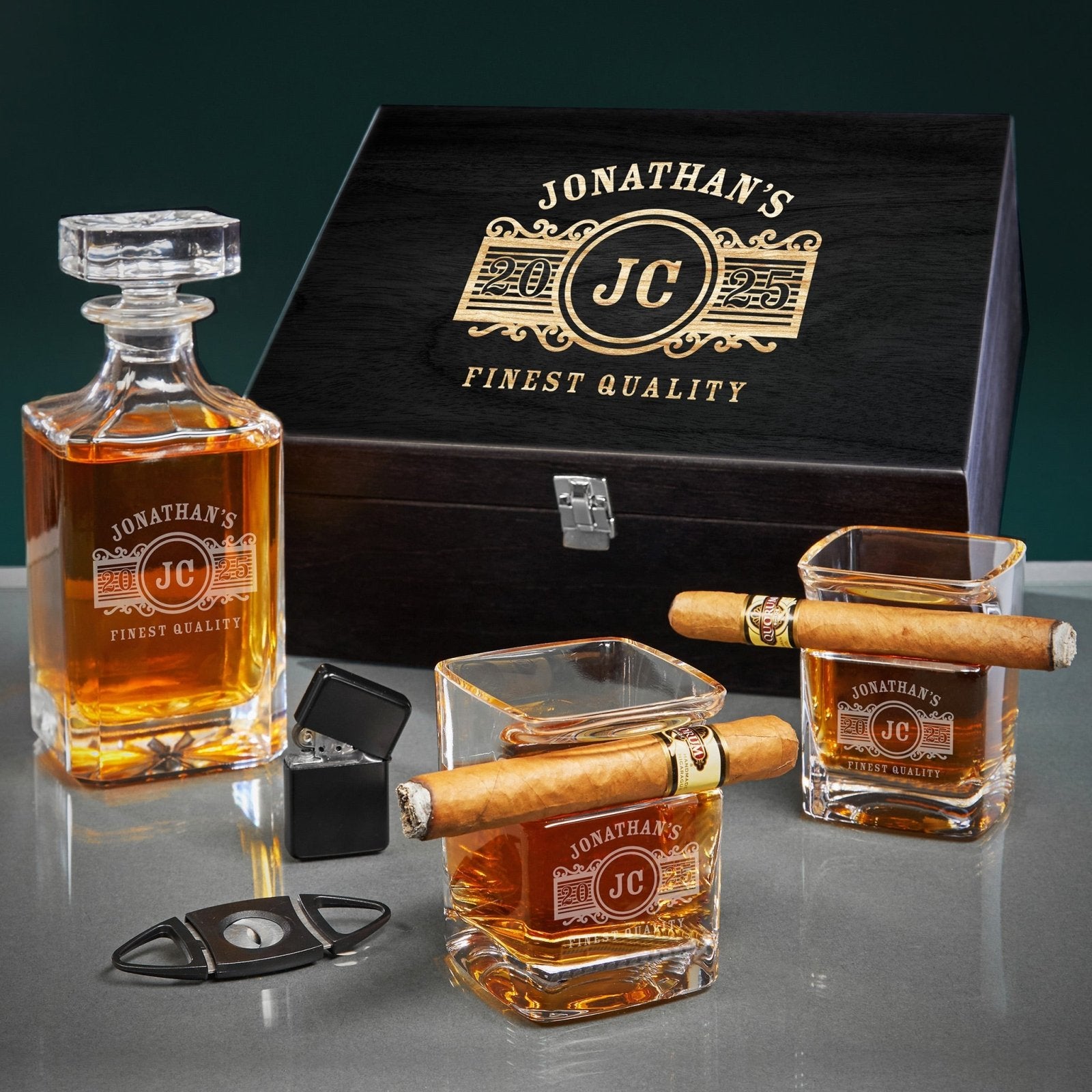 Engraved Whiskey Decanter Set and Cigar Gift Set