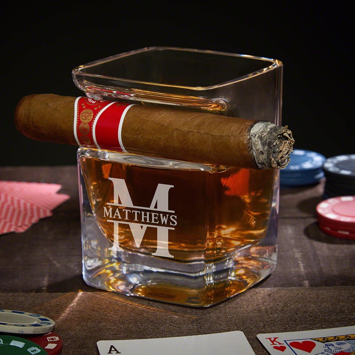 Engraved Whiskey Glass Cigar Holder