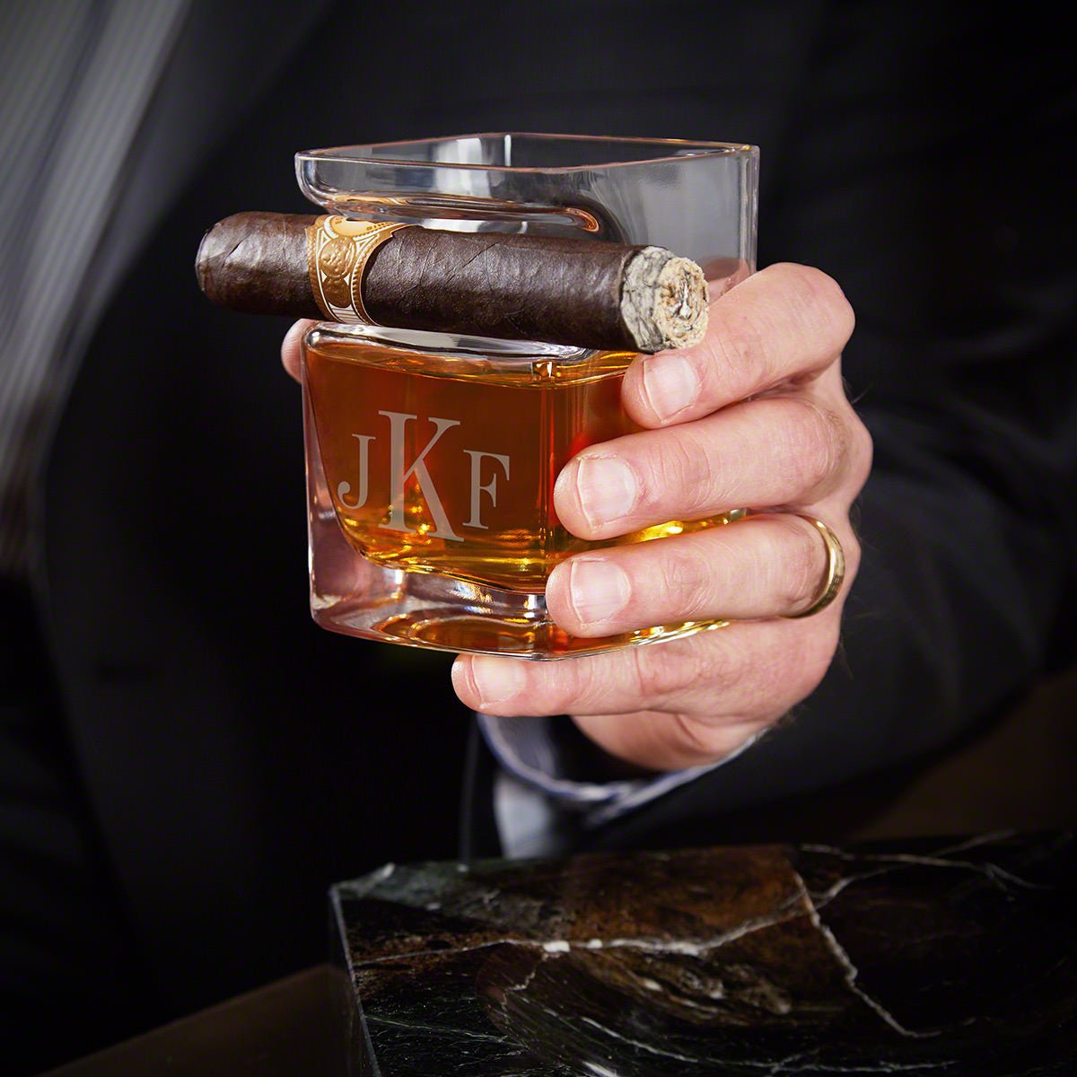 Engraved Whiskey Glass Cigar Holder