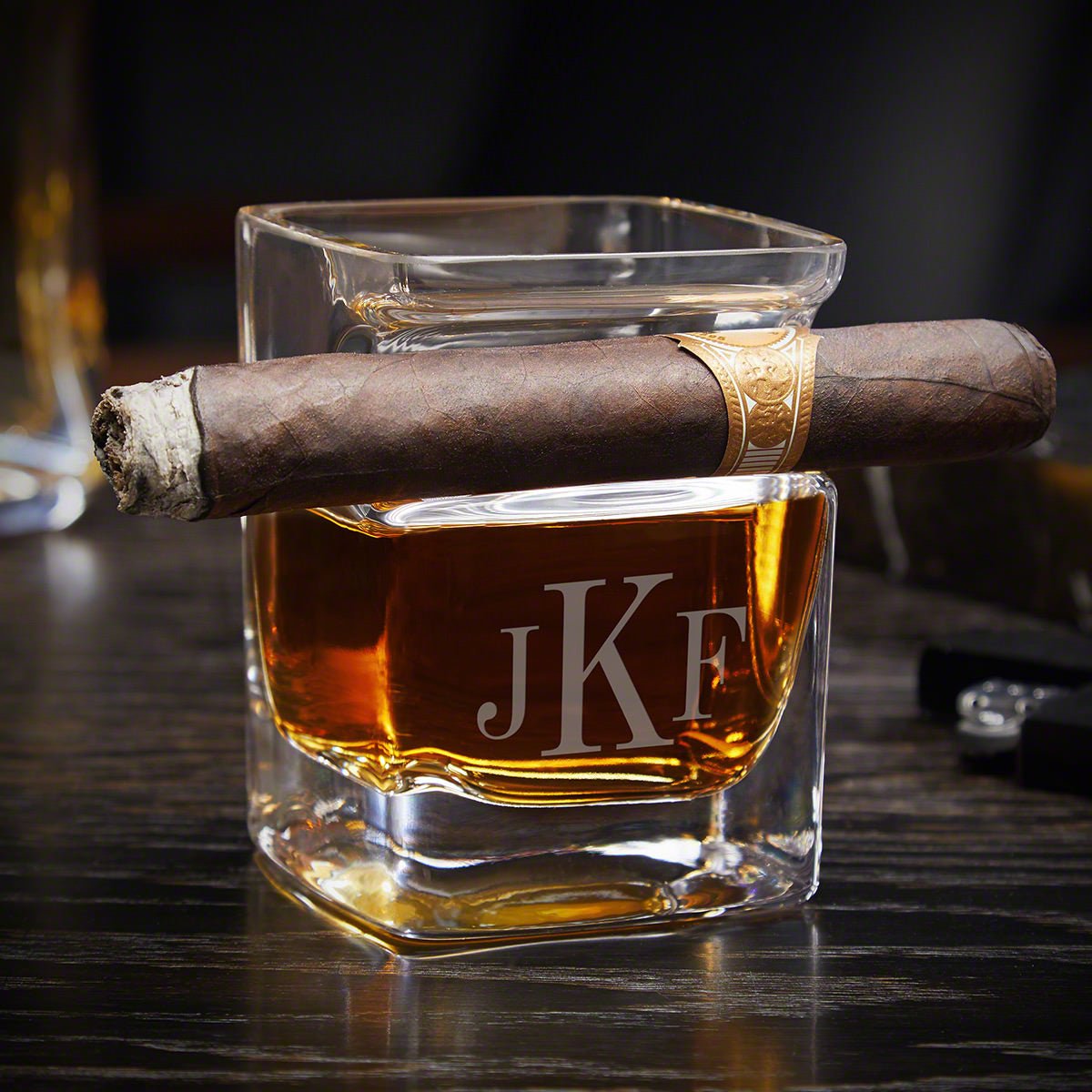 Engraved Whiskey Glass Cigar Holder