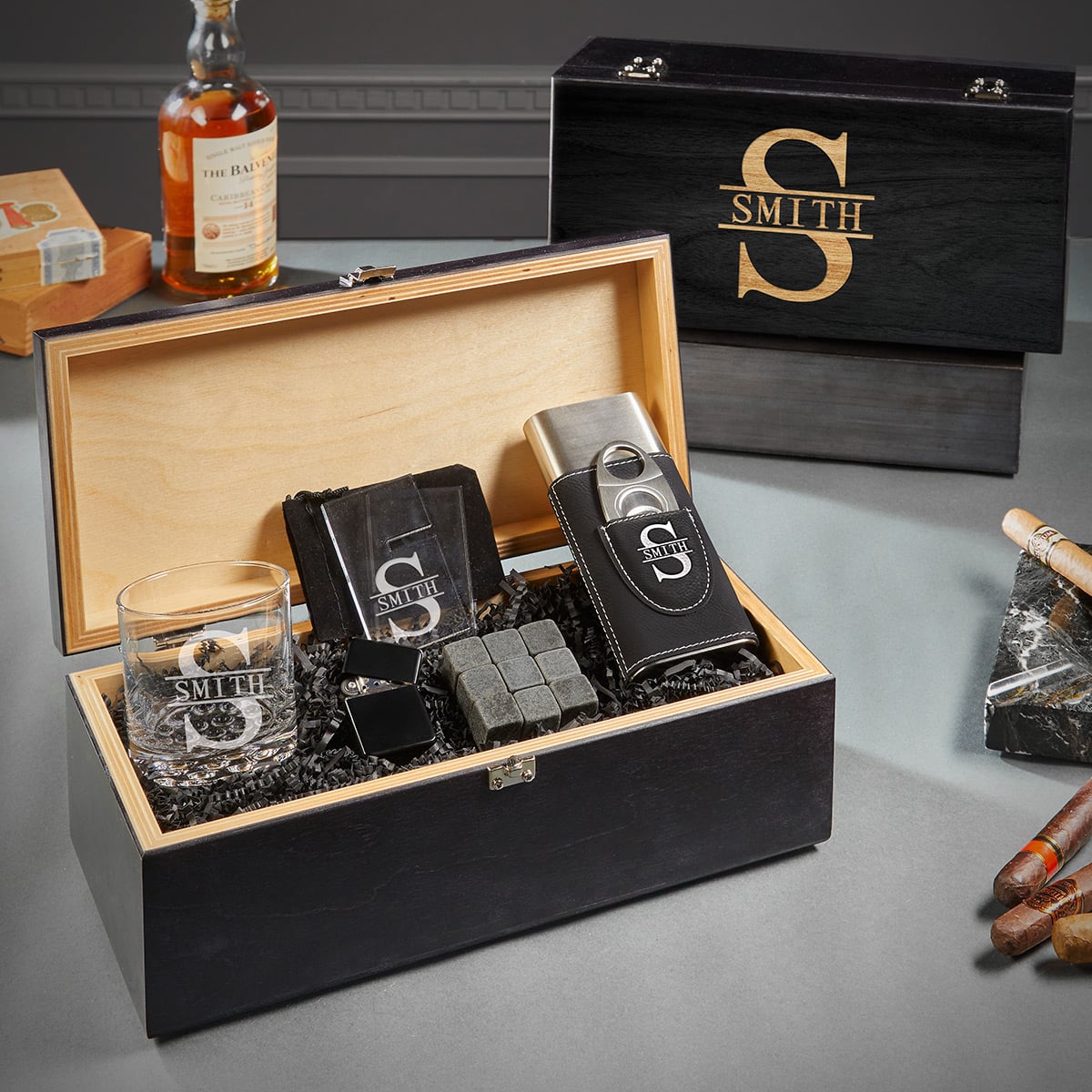 Engraved Whiskey Glasses and Cigar Gifts - 7pc Ebony Black Boxed