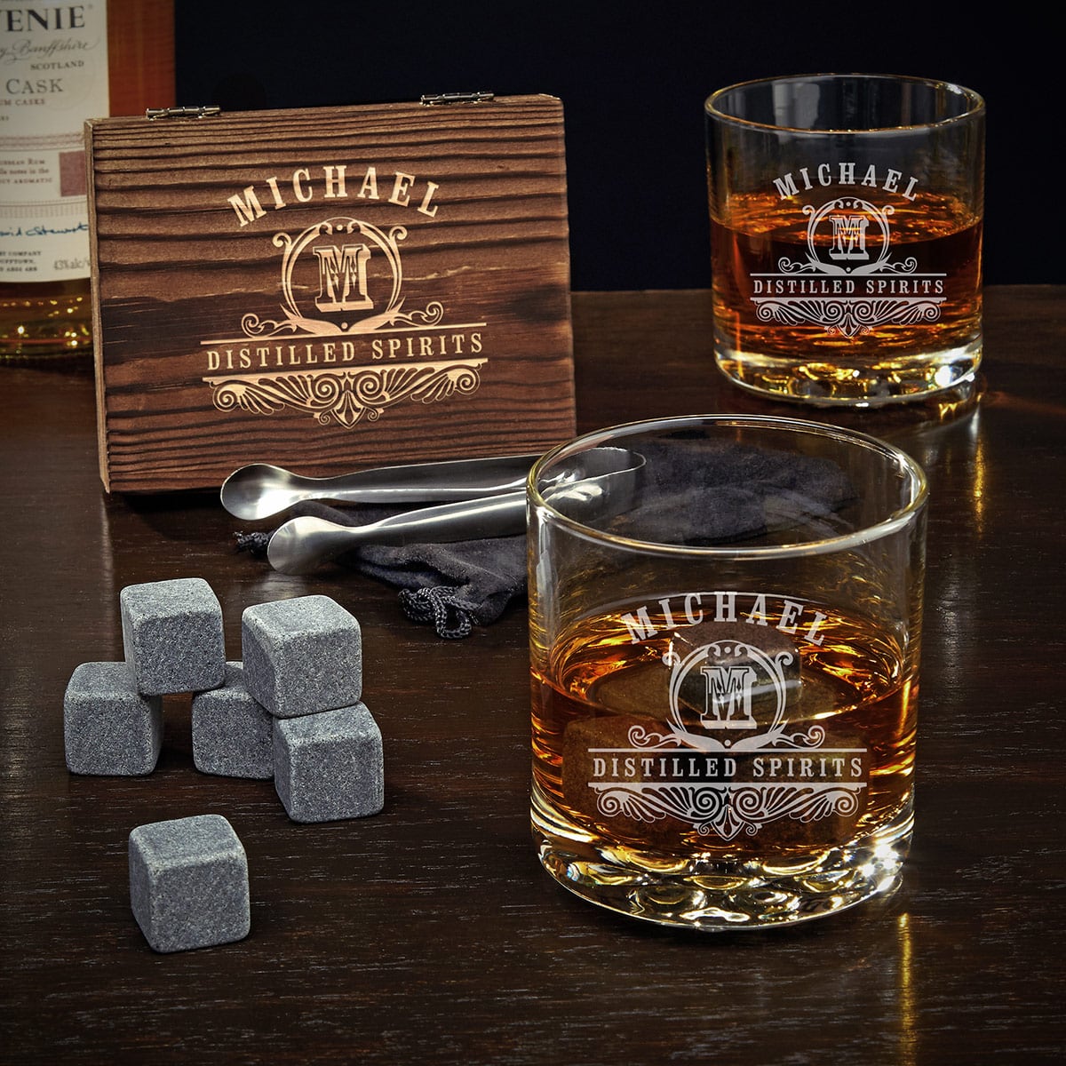 Engraved Whiskey Stone Gift Set with Buckman Glasses